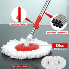 360° Spin Mop and Bucket Set with Wringer, Easy Wring Floor Cleaning Mop with 2 Reusable Microfiber Head for Household Living Room Bedroom Bathroom Toilet