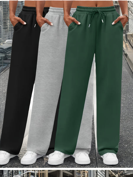 3pcs Women's Solid Color Oversized Jogger Pants with Elastic Drawstring Waist - Loose-Fit Polyester Track Pants Suitable for,, & Casual Attire - Machine Washable Casual Wear (Year-Round)