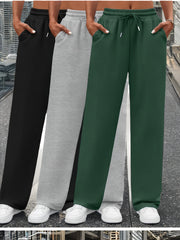 3pcs Women's Solid Color Oversized Jogger Pants with Elastic Drawstring Waist - Loose-Fit Polyester Track Pants Suitable for,, & Casual Attire - Machine Washable Casual Wear (Year-Round)