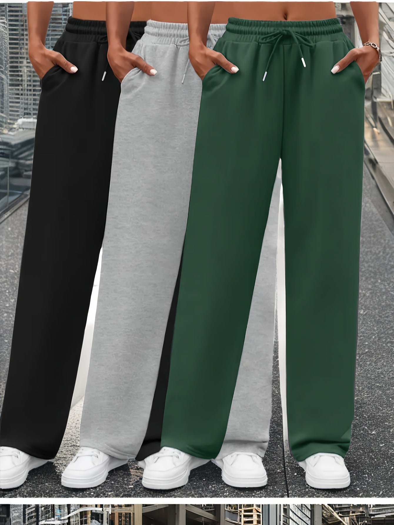 3pcs Women's Solid Color Oversized Jogger Pants with Elastic Drawstring Waist - Loose-Fit Polyester Track Pants Suitable for,, & Casual Attire - Machine Washable Casual Wear (Year-Round)