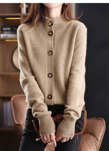 2026 New Retro Women'S 100% Cashmere Solid Color Stand Collar Cardigan, Casual Loose Fit Outerwear for Office Commute & Business Casual Outfit