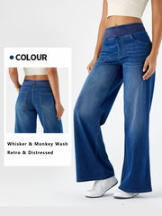 Women's High-Waisted Stretch Wide-Leg Jeans - Elastic Waist Denim Pants with Water-Washed Texture