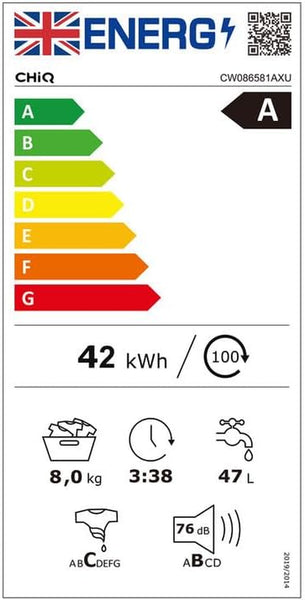 Chiq CW086581AXU Washing Machine, 8Kg, 1400Rpm, BLDC Inverter Motor, 12 Washing Cycles, Steam Care, LED Touchscreen, Grey