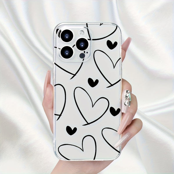 Phone Case - Clear, Straight-Edged Phone Cases Are Compatible with for Iphone 11 Through 17, Including Pro Max And Plus Versions. The Design Showcases a Prominent Heart Outlined in Lines Alongside a Solid Small Heart, Reflecting a Minimalist