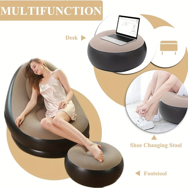59-Inch Inflatable Lounge Chair Designed for Adults, a Portable Lazy Sofa Complete with a Footstool. This Flocked Recliner Is Perfect for Both Indoor And Outdoor Use