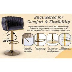 Set of 2 x Velvet Woven Upholstered Adjustable High Swivel Breakfast Bar Pub Home Stool Chair With Gold Metal base & Gas Lift (Cream/Gold)