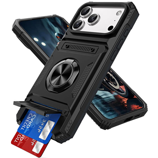 Phone Case - Premium Case Featuring a Concealed Card Slot for Two Cards, a 360° Rotating Kickstand, And a Robust Dual-Layer Design That Offers Shock Resistance for Iphone 17 Pro Max, 16, 15, 14, 13, And Air Plus. This Black Cover Is Non-Slip