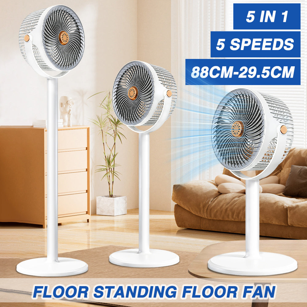 5-in-1 Floor Standing Circulating Fan, 5 Speeds Quiet Adjustable Height Fan (29.5-88cm), 360° Up & Down Tilt, Silent Stable Air Circulator Fan for Bedroom, Living Room, Office, Dorm, Portable Cooling Fan for Home, Office, Travel, Ideal for Hot Flashes, Sl