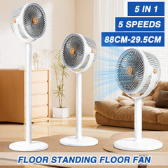 5-in-1 Floor Standing Circulating Fan, 5 Speeds Quiet Adjustable Height Fan (29.5-88cm), 360° Up & Down Tilt, Silent Stable Air Circulator Fan for Bedroom, Living Room, Office, Dorm, Portable Cooling Fan for Home, Office, Travel, Ideal for Hot Flashes, Sl