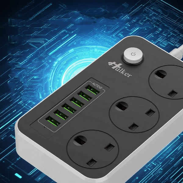 Hulker Power Strips with USB Ports 3 Way Outlets 6 USB Ports Power Socket with 2m Bold Extension Cord Smart USB Charger UK Socket/  Socket