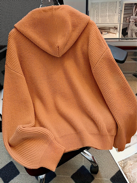 Hooded Button Sweater Cardigan, Spring Autumn Solid Color Casual Simple Open Front Soft Comfortable Elegant Women's Wear