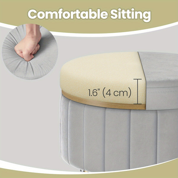 Storage Ottoman, Velvet Dressing Table Stool, 39 X 44.4 Cm (Dia. X H), Round Storage Stool Seat, 4 Metal Legs, For Dressing Room, Living Room, Bedroom