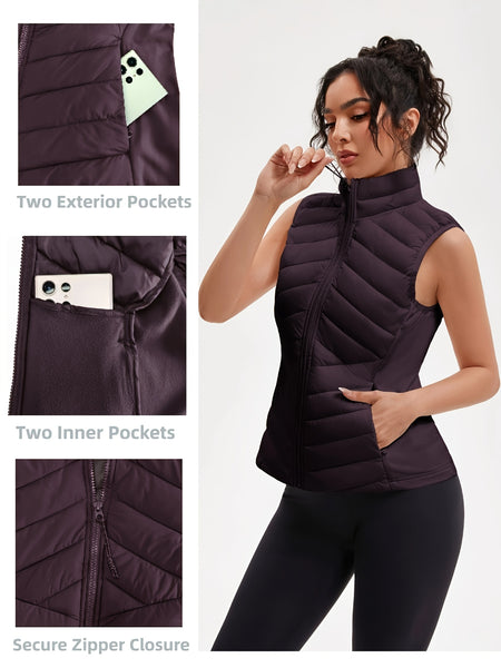 Women's Lightweight Outdoor Puffer Vest, Multi-Pocket Design, Elastic Waist Wrapping for Snug Warmth, Unique Zipper, Stand Collar, Polyester Filled