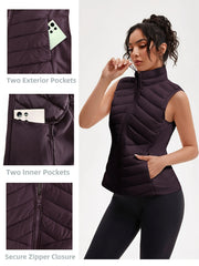 Women's Lightweight Outdoor Puffer Vest, Multi-Pocket Design, Elastic Waist Wrapping for Snug Warmth, Unique Zipper, Stand Collar, Polyester Filled
