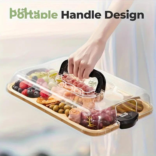 1-Piece Bamboo Cheese Tray with Transparent Acrylic Lid - Portable Charcuterie Board for Camping, Parties, Restaurants. Ideal for serving holiday appetizers, deli meats, and snacks. Reversible as a cutting board, with a secure snap-on lid to keep food fre