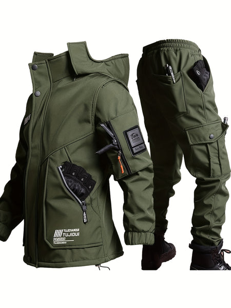 Men'S Thick Fleece Winter Warm Set, Workwear Casual Jacket with Hooded Zipper, Multi-Pocket Jacket, Casual Autumn Winter Men'S Jacket, Long Pants, Fleece Set, Warm Outdoor Hiking, Wear-Resistant