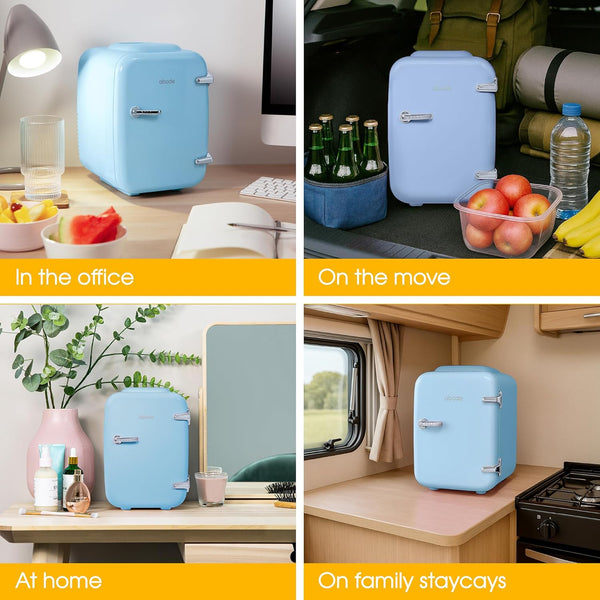 Abode Blue Mini Fridge A4CLR201BL 4L/6 Can Portable Thermoelectric Mini Cooler & Warmer for Drinks, Cosmetics/Makeup/Skincare, AC/DC Power, Retro Style, for Bedroom, Home, Caravan, Car