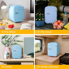 Abode Blue Mini Fridge A4CLR201BL 4L/6 Can Portable Thermoelectric Mini Cooler & Warmer for Drinks, Cosmetics/Makeup/Skincare, AC/DC Power, Retro Style, for Bedroom, Home, Caravan, Car