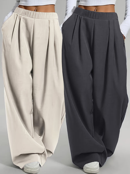 Elegant Set of Two Solid Color Casual Wide-Leg Pants