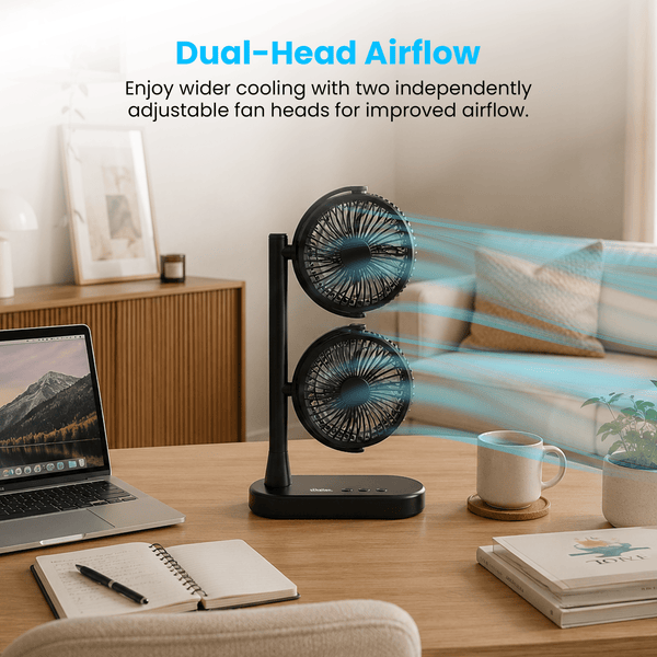 Schallen Desk Fan Double Head Fan with USB-C Power | Portable Dual Head Cooling Fan with 2 Adjustable Speeds | Table Desk Fan for Home, Office, Bedroom | Available in Black or White