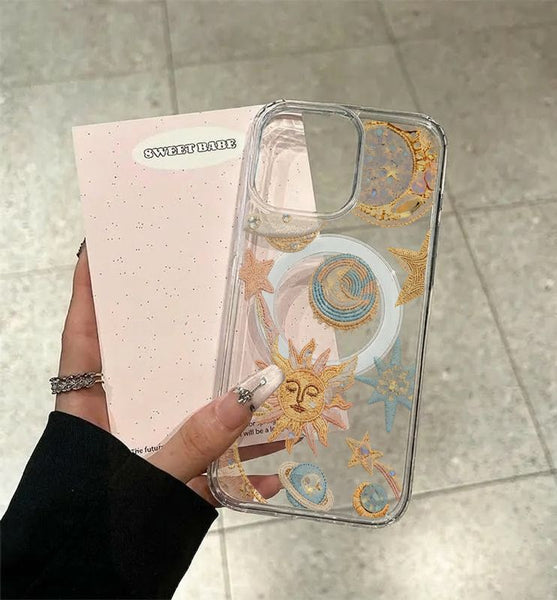 Phone Case: Sun Moon Star Embroidery Print Transparent Magnetic Acrylic Phone Case Easy Charging Compatible with iPhone 11 12 13 14 15 16 17 Pro Max Plus Air