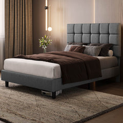 Costoffs Upholstered Bed Frame, Fabric Bed Frame with Fabric Headboard, Modern Platform Bed Frame with Strong Wooden Slats, Support and Square Tufted Headboard Height Adjustable, Double/King, Dark Gray/Light Gray/Beige