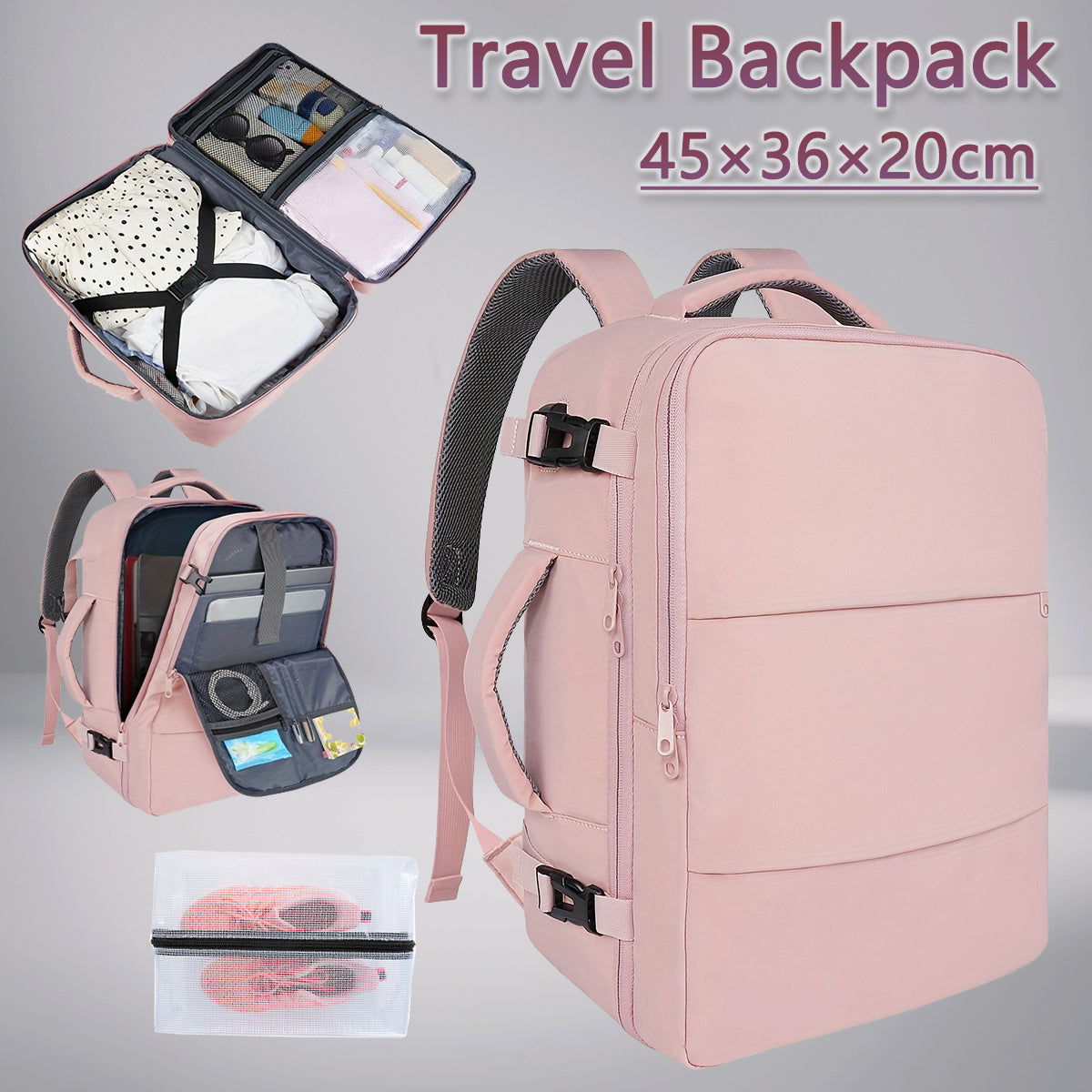 Easyjet Cabin Bag 45x36x20 Underseat, Large Capacity Travel Backpack for Women, Airline Approved Carry On Luggage Rucksack, Multifunctional Laptop Backpack with Shoe Pouch for Business, School, and Daily Commute, Pink