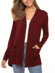 Women Simple Style Cardigan, Solid Color Long Sleeve Knitwear with Pockets, S/ M/ L/ XL/ XXL
