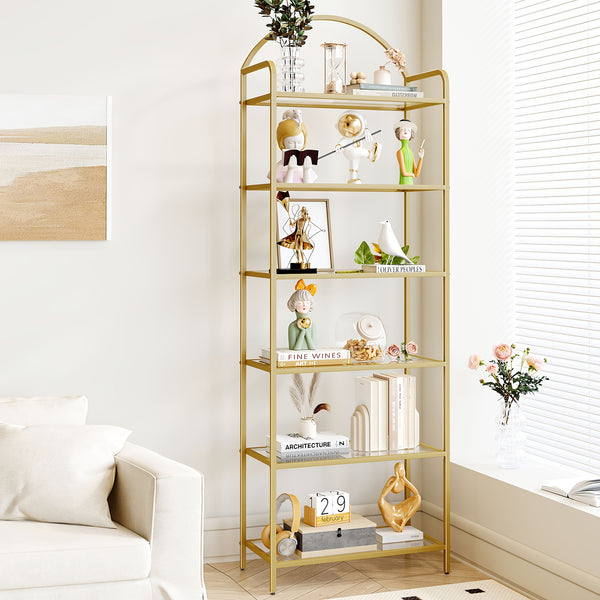 6 Tier Bookcase Bookshelf, Tempered Glass Bookshelves, Slim Shelving Unit for Bedroom, Bathroom, Home Office, Steel Frame, Golden
