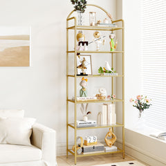 6 Tier Bookcase Bookshelf, Tempered Glass Bookshelves, Slim Shelving Unit for Bedroom, Bathroom, Home Office, Steel Frame, Golden