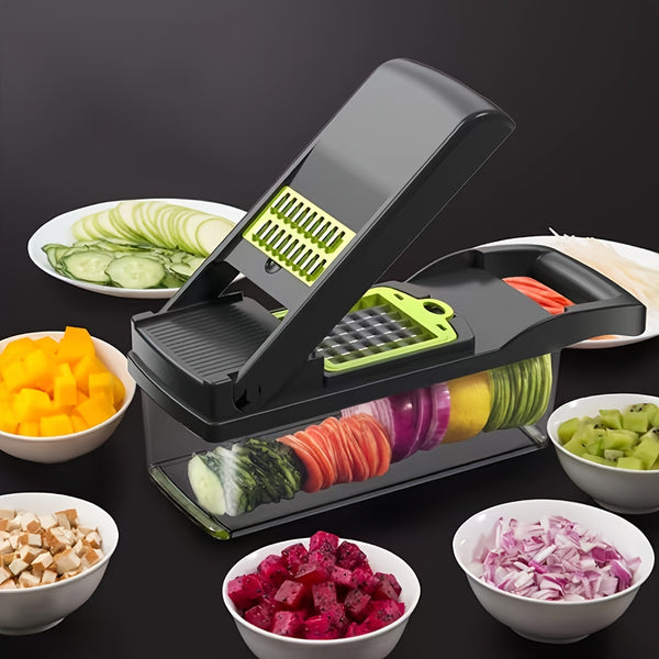 16-In-1 Multifunctional Kitchen Vegetable Slicer with a Container, Suitable for Onions, Carrots, Garlic, And Includes a Non-Rechargeable Plastic Tool Set with a Drainage Basket