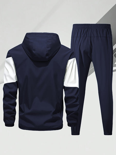 Men'S Casual 2pcs Athletic Set Unisex Couple All-Season Spring Autumn Loose Color-Block Athletic Outfit Hooded Sweater Zip-Up Jacket Long Sleeve Outerwear Long Pants Jogging Trousers Gym Workout Running Outdoor Set Elastic Pants Hoodie Top And Botto