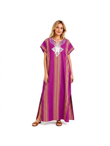 Women Boho Kaftan Dress Long Embroidered Beach Cover Up Lightweight Summer Kaftan Maxi Dress Loose Fit Swimwear Cover Up Holiday Beachwear Gandouri