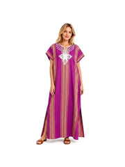 Women Boho Kaftan Dress Long Embroidered Beach Cover Up Lightweight Summer Kaftan Maxi Dress Loose Fit Swimwear Cover Up Holiday Beachwear Gandouri