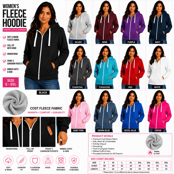 Women'S Fashion Zip-Up Hoodie - Ladies Fleece Plain Hooded Top - PLUS SIZES Small to XXXXXL S to 5XL (UK 8-22) Available in 15 Colours