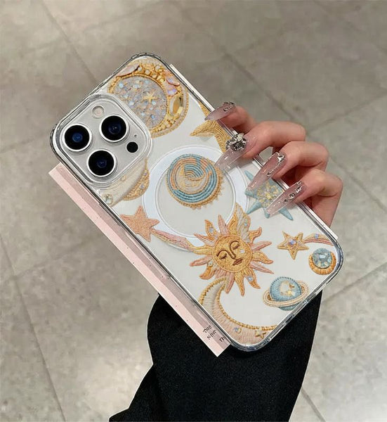 Phone Case: Sun Moon Star Embroidery Print Transparent Magnetic Acrylic Phone Case Easy Charging Compatible with iPhone 11 12 13 14 15 16 17 Pro Max Plus Air