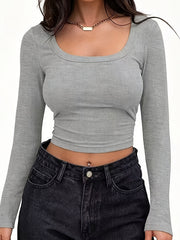 Autumn Winter 3-Pack Y2K Basic Women's T-Shirts, Solid Color Casual Tees, Round Neck Long Sleeve Stretch Sweatshirts, Women's Tops