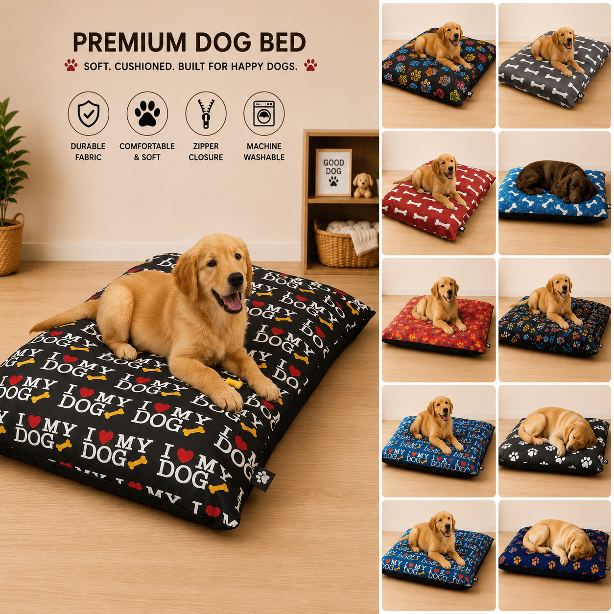 Dog Pet Bed with Removable Zipped Cover Large 95cm x 65cm Soft Washable Cushion