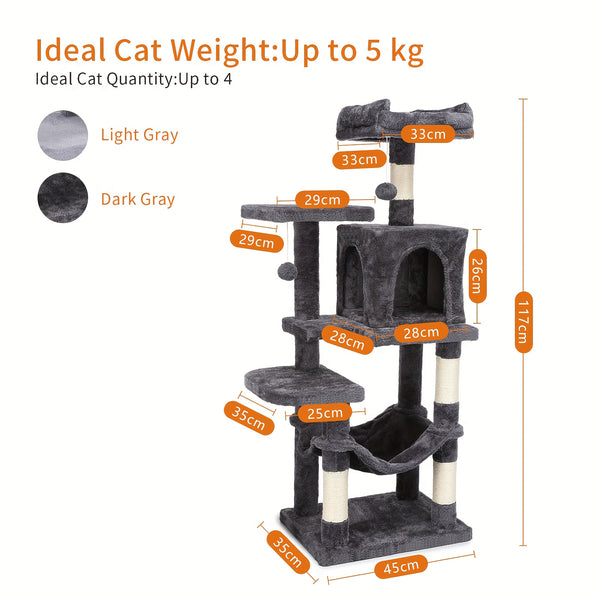 Cat Tree, 112 Cm Multi-Level Plush Cat Condo with 4 Scratching Posts, 2 Perches, Cave, Hammock, Pompoms, Light Grey