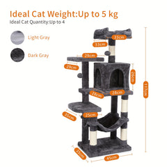 Cat Tree, 112 Cm Multi-Level Plush Cat Condo with 4 Scratching Posts, 2 Perches, Cave, Hammock, Pompoms, Light Grey