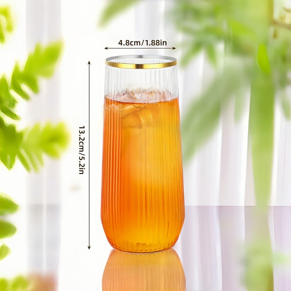 9pcs Golden Rim Striped Plastic Champagne Flutes, 9oz Stemless Clear Cocktail Glasses, Ideal for Weddings, Engagements, Birthday Parties, Graduations, Anniversaries, Catering Events, Thanksgiving, Valentine's Day, Proposals, Wine, Champagne, Mimosa