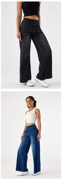 ' High Waisted Wide Jeans - Stretchy Pants with Multiple Pockets, -Washed - Casual Trousers for Jeanswear & Layering (Wide-Waisted Fit)