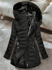 Women's Winter Fleece-Lined Hooded Jacket - Mid-Length Relaxed Fit Coat with Zipper Front, Long Sleeve Casual Outerwear for Cold Weather