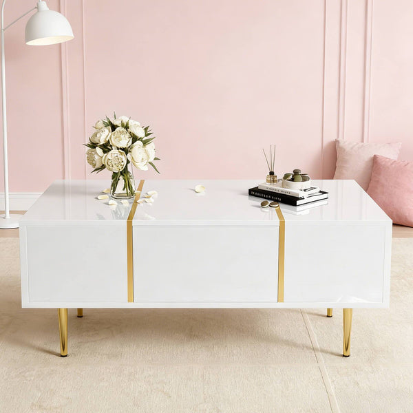 Modern Simple White High-gloss Coffee Table - 2 Drawers Storage Design For Small Space And Home Decor