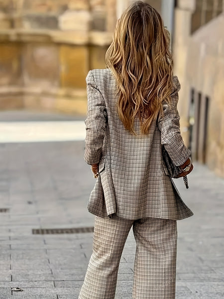 New Women'S Product: Lined Plaid Suit Jacket Top + Plaid Wide-Leg Pants Suit, Fashionable And Elegant for Commuting, Going Out, Professional Office, Street Style, Airport Daily Wear Suit Two-Piece Set, Suitable for Spring And Autumn Wear