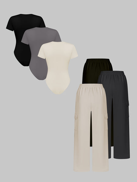 New Spring And Summer Collection of 6pcs Set for Women Featuring Casual, Elegant, And Business Styles. Includes Fitted Solid Color And Printed Short-Sleeve Bodysuits