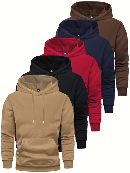 5pcs Men's Long Sleeve Sweatshirt Hoodie, Autumn/Winter Solid Color Plain Hooded Pullover with Drawstring Design and Kangaroo Pocket, Men's Casual Sportswear Top