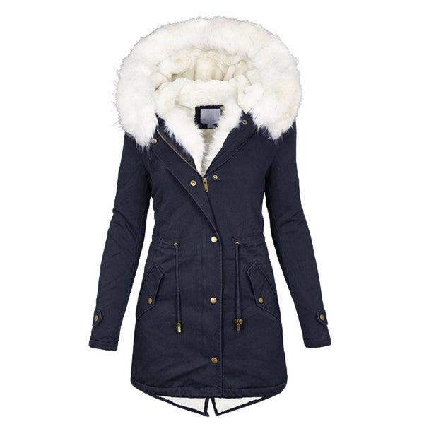 Women's European/American Style Winter Parka Jacket with Collar & Waist-Cinching  - Beige Coat, -Tone Zippers, Pockets - Machine Washable Cold Weather Outerwear (Casual to Formal)