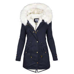Women's European/American Style Winter Parka Jacket with Collar & Waist-Cinching  - Beige Coat, -Tone Zippers, Pockets - Machine Washable Cold Weather Outerwear (Casual to Formal)