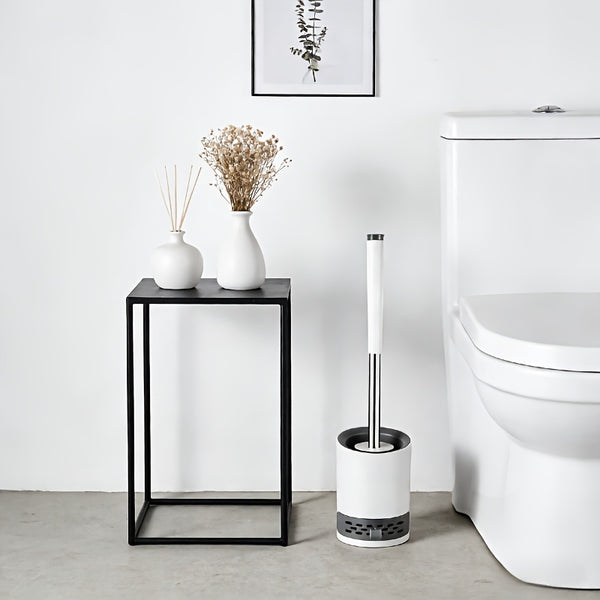 Soft Bristle Toilet Brush Bracket Set, Round Bathroom Toilet Cleaning Brush, Modern Design Deep Cleaning Toilet Brush, Sturdy Long Handle, Quick-drying Toilet Brush Set, White